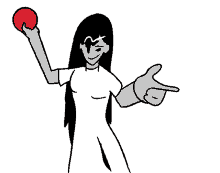 a black and white drawing of a woman holding a red ball and pointing at it .