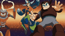 a group of cartoon characters are standing next to each other in space