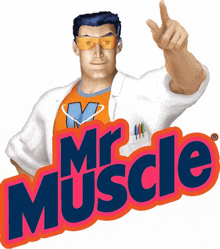 a mr. muscle logo with a man pointing