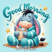 eeyore from winnie the pooh holding a cup of hot chocolate with marshmallows