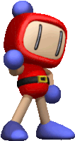 a red cartoon character with blue gloves and a belt