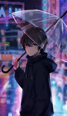 a boy in a black hoodie holding a clear umbrella in front of a sign that says all