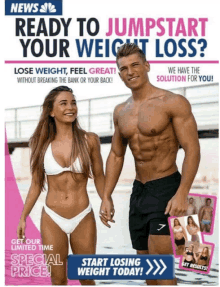 a man and a woman in bikinis are standing next to each other on a news nbc advertisement