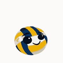 a yellow and blue volleyball with a smiling face