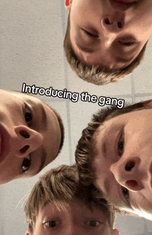 a group of young men are looking up at the camera with the words introducing the gang above them