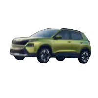 a green car with the word skoda on the front