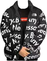 a person wearing a black jacket that says " any " on it