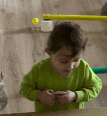 a child in a green shirt is playing with a toy