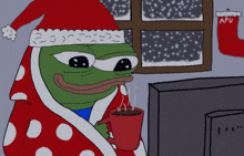 a cartoon of a frog wearing a santa hat and robe holding a cup of hot chocolate