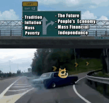 a doge driving down a highway next to a green sign that says left exit 12