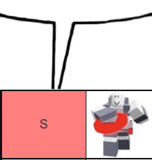 a drawing of a robot with a red ring around his neck and a red box with the letter s in it .