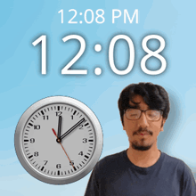 a man with glasses stands in front of a wall clock that says 12:08 pm