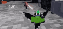 a video game character with a green hoodie and black wings is running