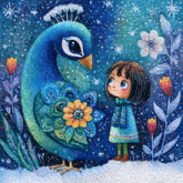 a painting of a girl standing next to a peacock with flowers on its tail