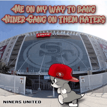 a cartoon of a dog wearing a 49ers hat standing in front of a stadium