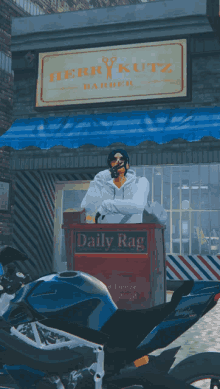 a man stands in front of a barber shop called herby kutz