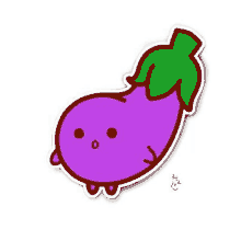 a cartoon drawing of a purple eggplant with a green leaf and a face .