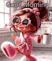 a little girl in a pink robe and sunglasses is holding a cup of coffee and a flower .