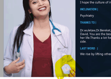 a female doctor with a stethoscope around her neck is smiling