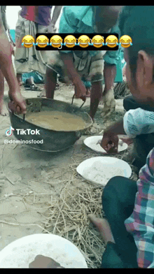 a group of people are gathered around plates of food and a bowl of soup with a tiktok logo above them