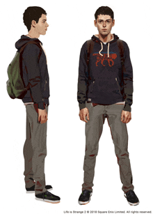 a drawing of a man wearing a hoodie that says life is strange 2 on it