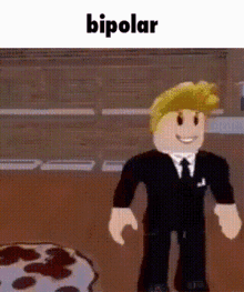 a man in a suit and tie is standing in front of a cake and the word bipolar is on the bottom