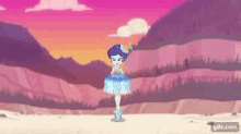 a cartoon girl in a blue dress is dancing in front of mountains .