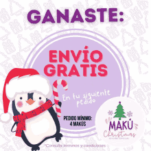 a penguin with a santa hat and scarf holding a candy cane with the words envío gratis in the background