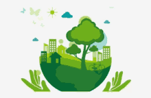 an illustration of a green globe with trees and buildings inside of it