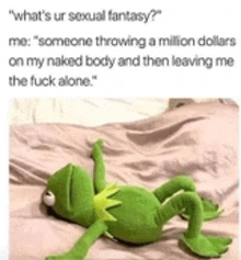 a kermit the frog is laying on a bed with a caption that says what 's ur sexual fantasy ?