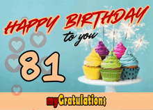 a birthday card with cupcakes and sparklers that says happy birthday to you 81 my gratulations