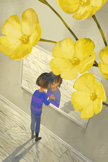 a painting of a person standing in front of a mirror with yellow flowers