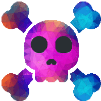 a colorful skull and crossbones with a purple face