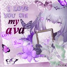 a picture of a girl with purple hair surrounded by purple flowers and butterflies with the words i love you sm my ava