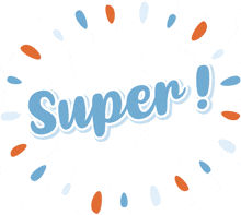 the word super is surrounded by blue and orange spots