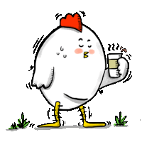 a cartoon of a chicken holding a cup with the letter m on it