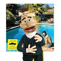 a puppet is standing in front of a pool with a sign that says austin post malone on it