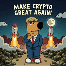 a cartoon of a man in a suit and tie with the words make crypto great again