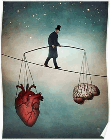 a man in a top hat is walking on a tightrope with a heart and a brain hanging from it .