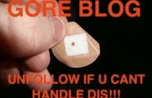 a person is holding a bandage with a bug on it and the words gore blog unfollow if u cant handle dis !!!