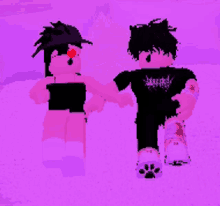 a boy and a girl are standing next to each other in a purple room