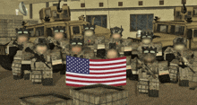 a group of soldiers holding an american flag in front of a building