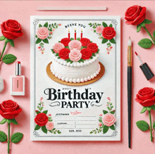 a birthday party invitation with a cake surrounded by roses