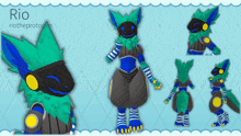 a picture of a blue and green furry animal with the name rio on it