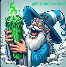 a cartoon of a wizard holding a green candle with the words @smokecoinada below him