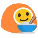 a smiley face is holding chopsticks and a bowl of food .