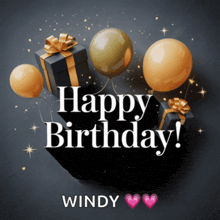 a happy birthday card for windy with balloons and gifts