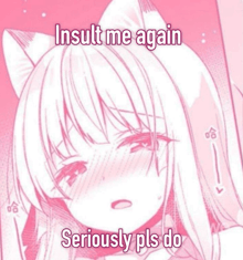a picture of a girl with cat ears and the words `` insult me again seriously pls do ''
