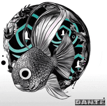 a black and white drawing of a fish with the word dante on the bottom right