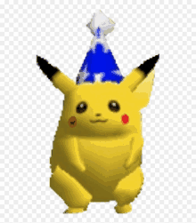 a yellow pikachu wearing a blue party hat on a transparent background .